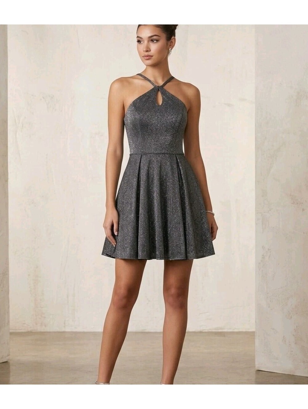 Blondie Nites Dress Juniors 3 Gray Glitter Halter Keyhole Fit & Flare Party